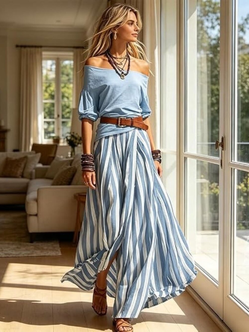 Women's Off the Shoulder Solid Sky Blue Top and Striped Maxi Skirt with Belt